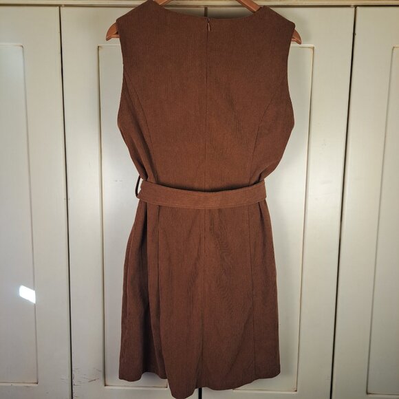 Kancy Kole Brown Corduroy Bib Overall Belted Midi Dress Size Lg - Picture 2 of 10